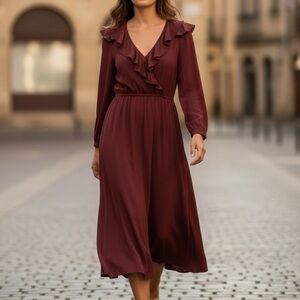 ba&sh Burgundy Ruffle Long Sleeve Dress